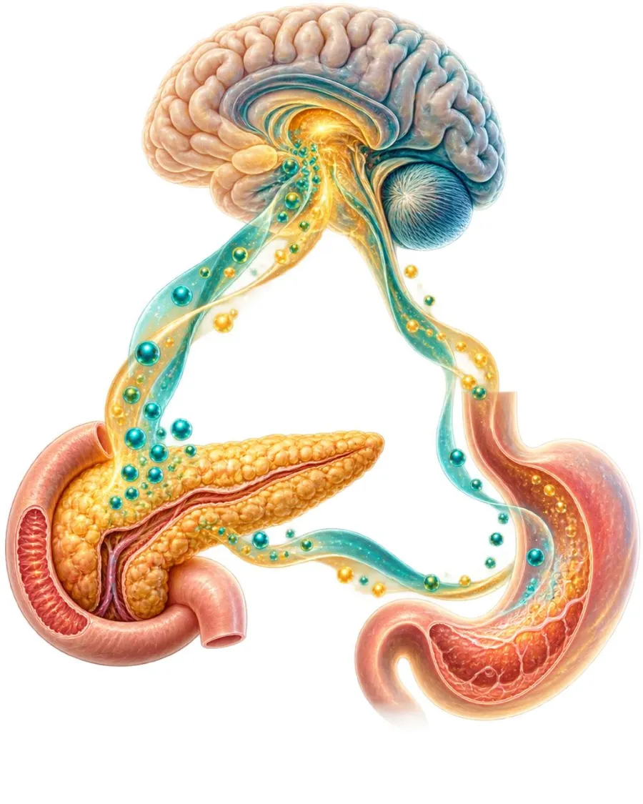 Ilustración de señales entre el páncreas, el cerebro y el estómago